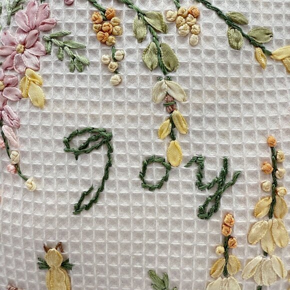 Ribbon Embroidered Throw Pillow Joy Floral Cat Ruffled Edge Cottagecore 9 In - Picture 3 of 8